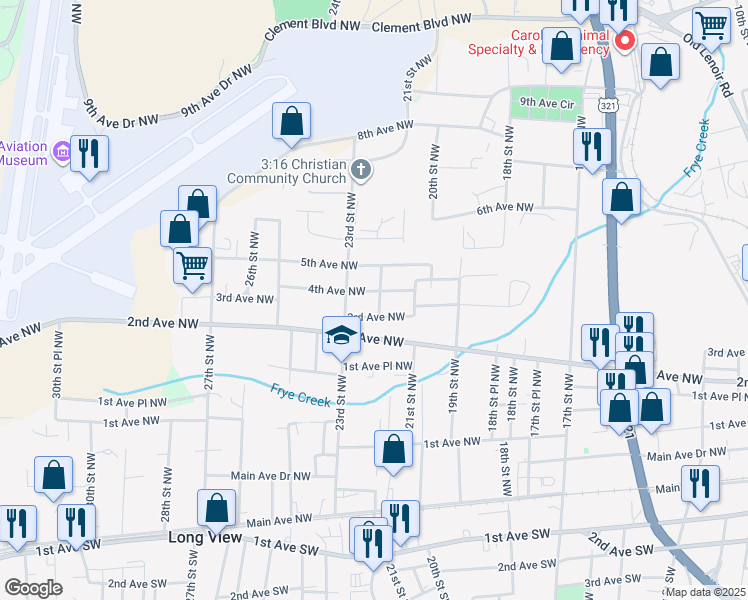 map of restaurants, bars, coffee shops, grocery stores, and more near 317 22nd Street Northwest in Hickory