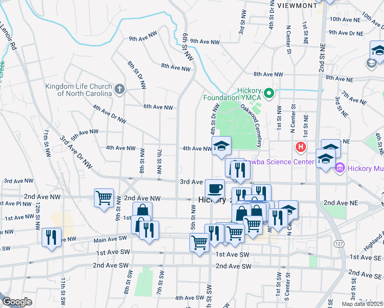 map of restaurants, bars, coffee shops, grocery stores, and more near 367 5th Street Northwest in Hickory