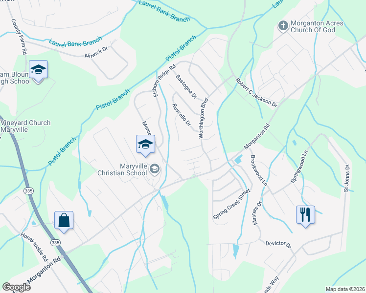 map of restaurants, bars, coffee shops, grocery stores, and more near 2425 Hallerins Court in Maryville