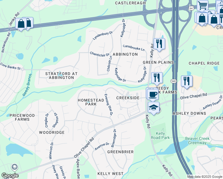 map of restaurants, bars, coffee shops, grocery stores, and more near 309 Evening Star Drive in Apex