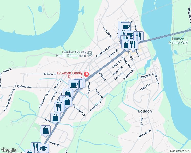 map of restaurants, bars, coffee shops, grocery stores, and more near 709 Mulberry Street in Loudon