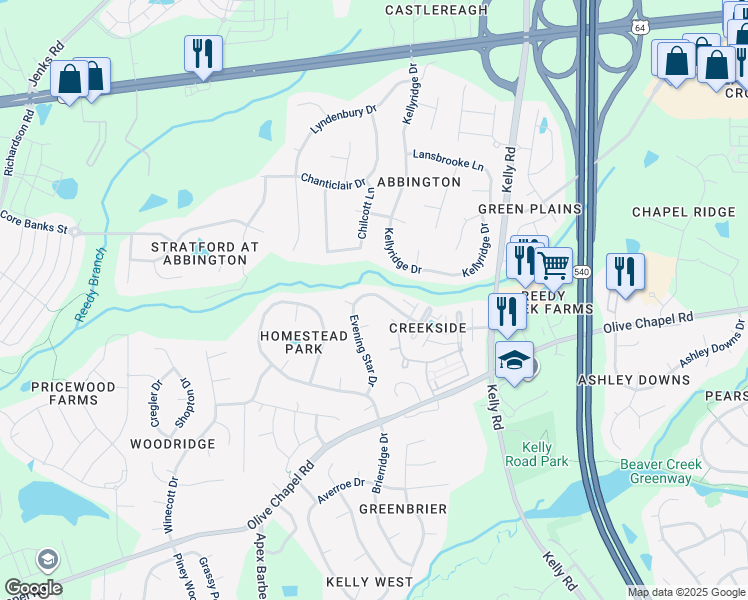 map of restaurants, bars, coffee shops, grocery stores, and more near 309 Evening Star Drive in Apex