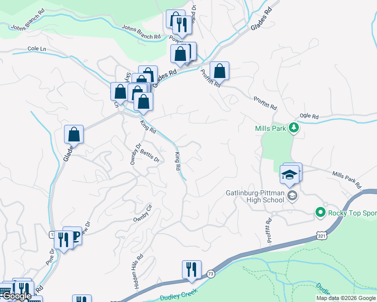 map of restaurants, bars, coffee shops, grocery stores, and more near 348 King Road in Gatlinburg