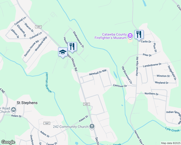 map of restaurants, bars, coffee shops, grocery stores, and more near 3922 Newhall Drive Northwest in Hickory