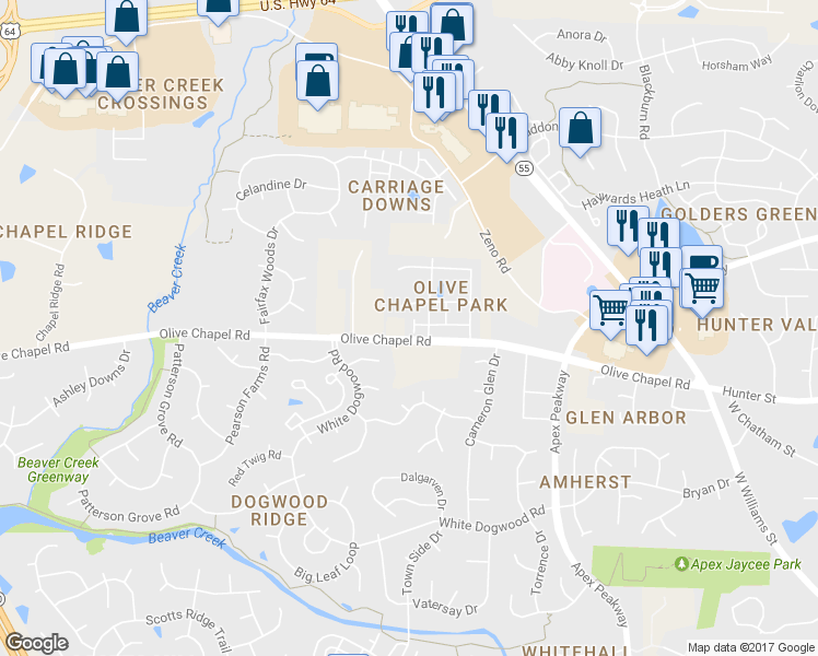 map of restaurants, bars, coffee shops, grocery stores, and more near 1014 Olive Chapel Road in Apex