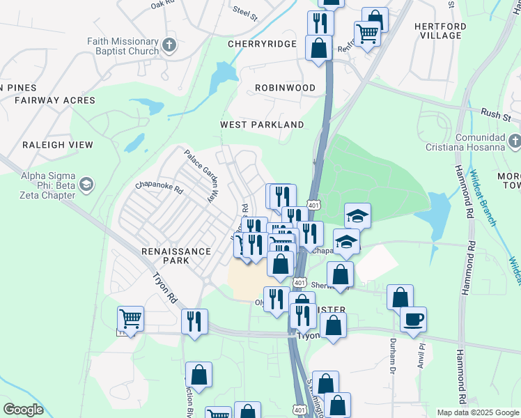 map of restaurants, bars, coffee shops, grocery stores, and more near 1120 Renewal Place in Raleigh