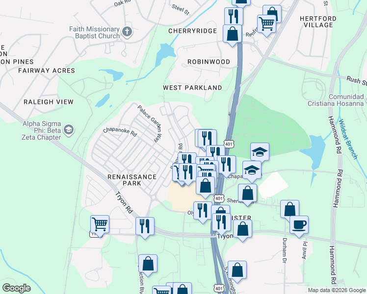 map of restaurants, bars, coffee shops, grocery stores, and more near 1117 Ileagnes Road in Raleigh