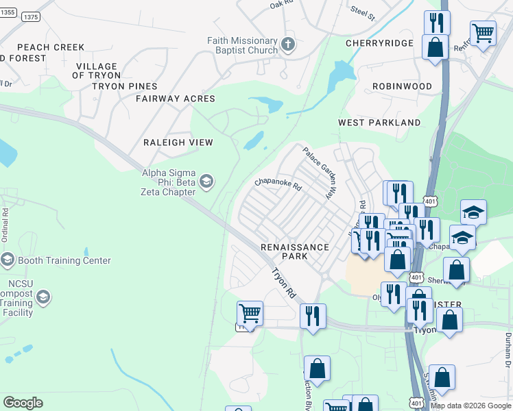map of restaurants, bars, coffee shops, grocery stores, and more near 805 Historian Street in Raleigh