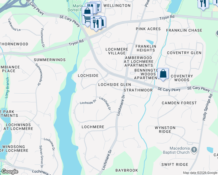 map of restaurants, bars, coffee shops, grocery stores, and more near 206 Coltsgate Drive in Cary