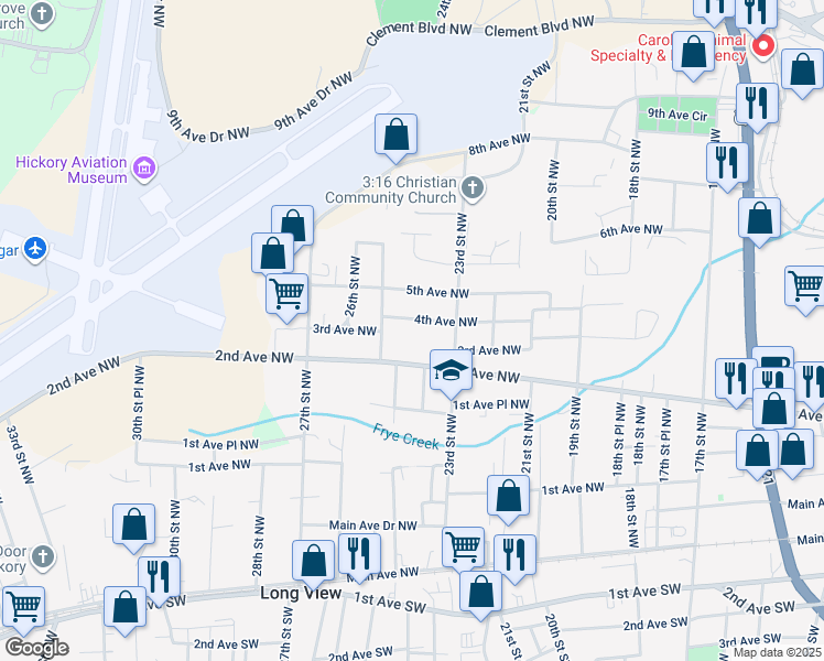 map of restaurants, bars, coffee shops, grocery stores, and more near 2347 4th Avenue Northwest in Hickory