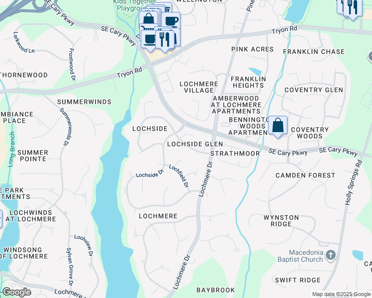 map of restaurants, bars, coffee shops, grocery stores, and more near 206 Coltsgate Drive in Cary