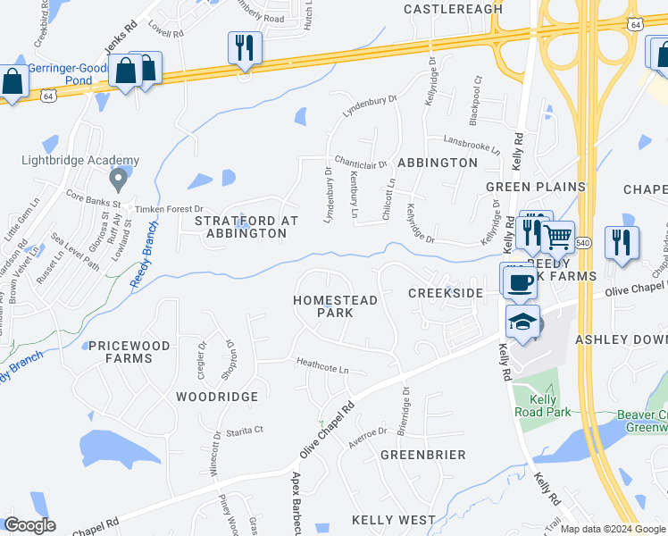 map of restaurants, bars, coffee shops, grocery stores, and more near 900 Homestead Park Drive in Apex
