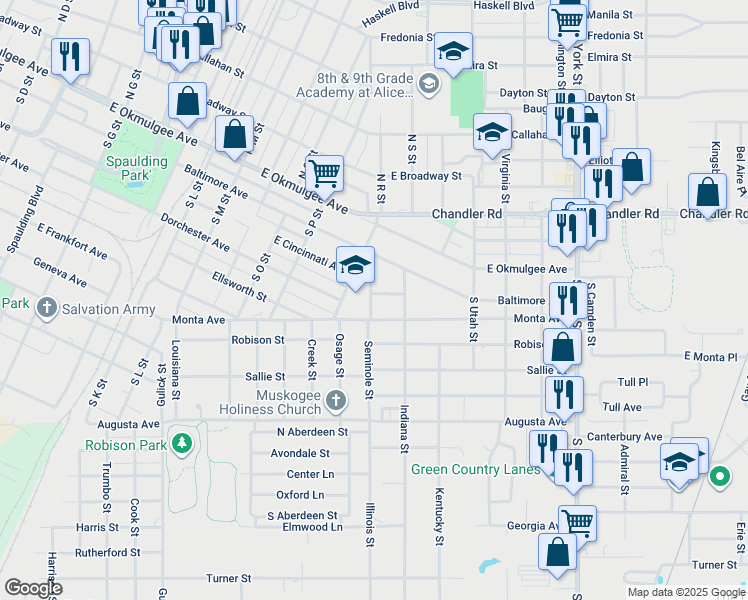 map of restaurants, bars, coffee shops, grocery stores, and more near 1911 Elmeda Street in Muskogee