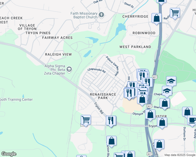 map of restaurants, bars, coffee shops, grocery stores, and more near 1333 Formal Garden Way in Raleigh