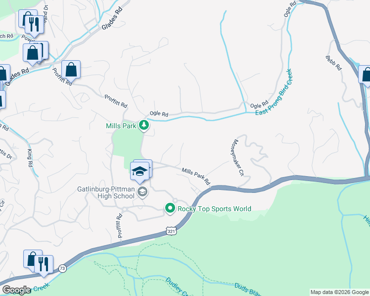 map of restaurants, bars, coffee shops, grocery stores, and more near 238 Whaley Drive in Gatlinburg
