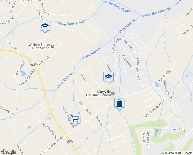 map of restaurants, bars, coffee shops, grocery stores, and more near 1024 Level Drive in Maryville