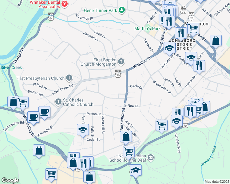 map of restaurants, bars, coffee shops, grocery stores, and more near 106 Josephine Lane in Morganton
