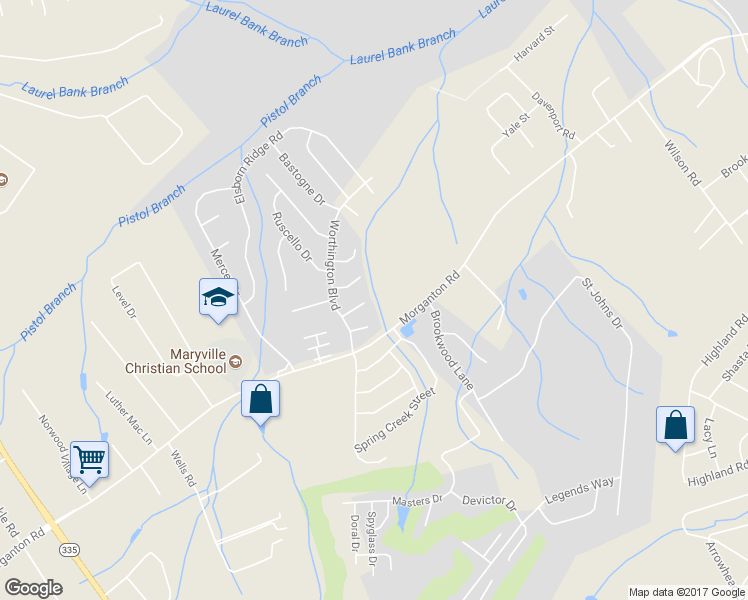 map of restaurants, bars, coffee shops, grocery stores, and more near 2316 Dusjane Way in Maryville