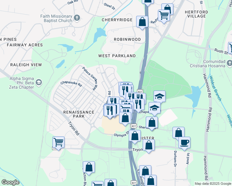 map of restaurants, bars, coffee shops, grocery stores, and more near 1111 Consortium Drive in Raleigh