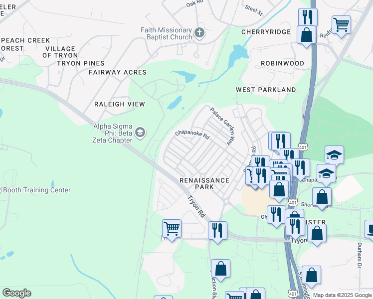 map of restaurants, bars, coffee shops, grocery stores, and more near 805 Historian Street in Raleigh