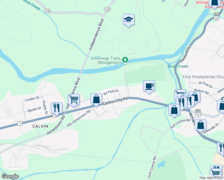 map of restaurants, bars, coffee shops, grocery stores, and more near 110 Air Park Drive in Morganton