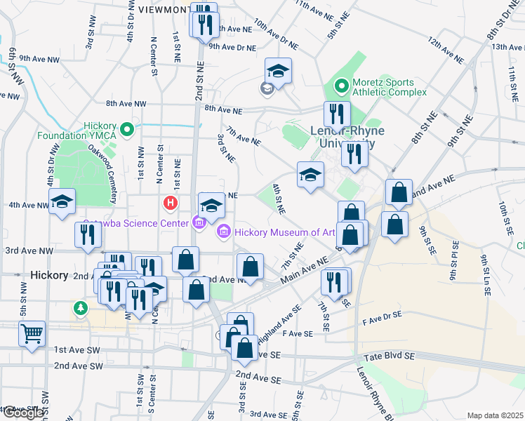 map of restaurants, bars, coffee shops, grocery stores, and more near 416 5th Avenue Northeast in Hickory