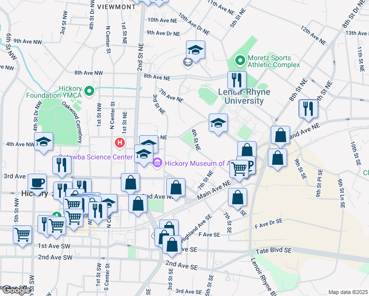 map of restaurants, bars, coffee shops, grocery stores, and more near 416 5th Avenue Northeast in Hickory