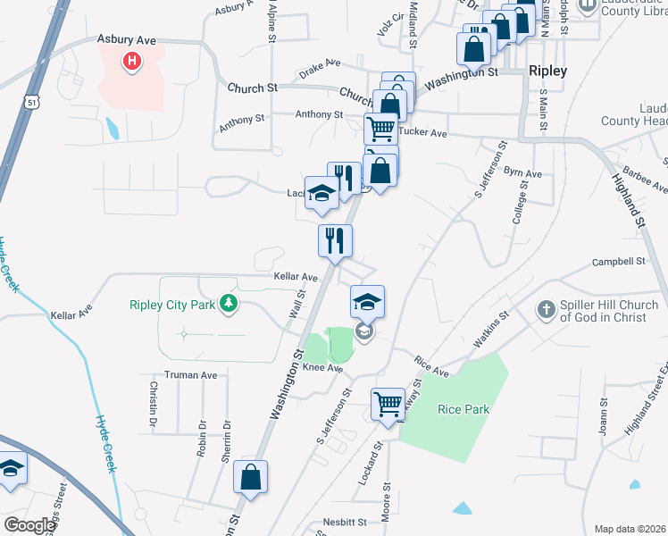 map of restaurants, bars, coffee shops, grocery stores, and more near 201 Orange Street in Ripley
