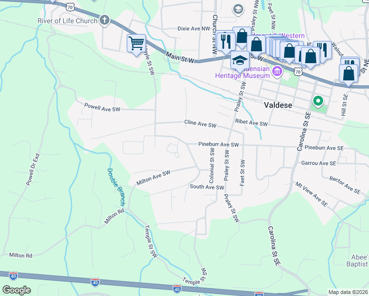 map of restaurants, bars, coffee shops, grocery stores, and more near 808 Orchard Street Southwest in Valdese