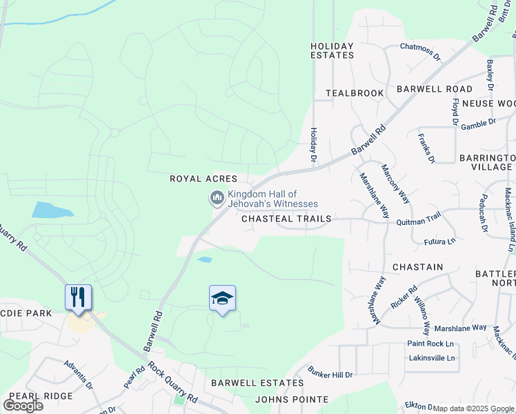 map of restaurants, bars, coffee shops, grocery stores, and more near 5125 Chasteal Trail in Raleigh