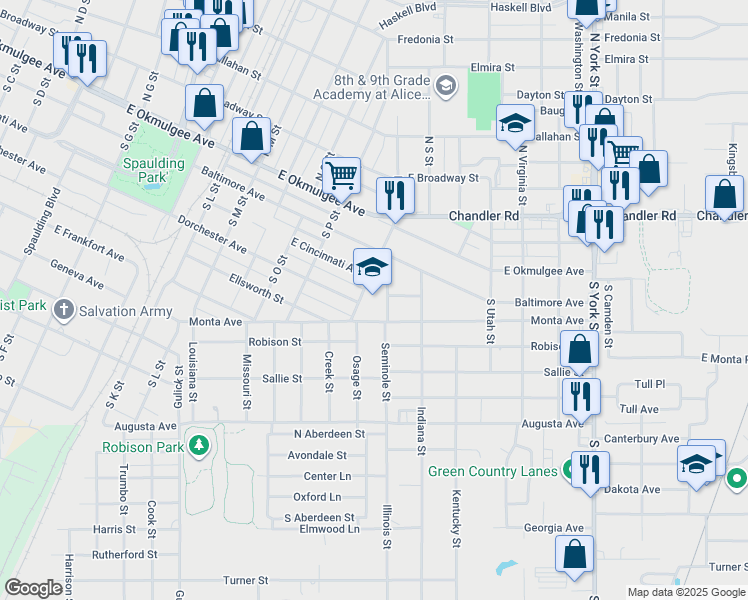 map of restaurants, bars, coffee shops, grocery stores, and more near 1705 East Cincinnati Avenue in Muskogee