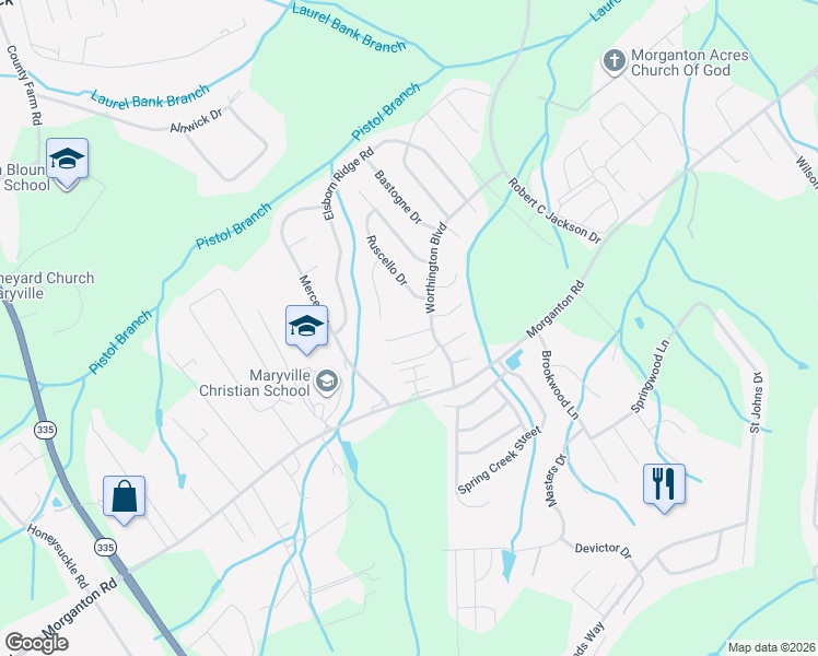 map of restaurants, bars, coffee shops, grocery stores, and more near 2419 Hallerins Court in Maryville