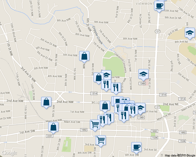 map of restaurants, bars, coffee shops, grocery stores, and more near 417 4th Avenue Northwest in Hickory