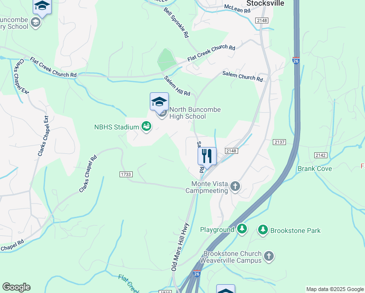 map of restaurants, bars, coffee shops, grocery stores, and more near 11 Ryan Lane in Weaverville