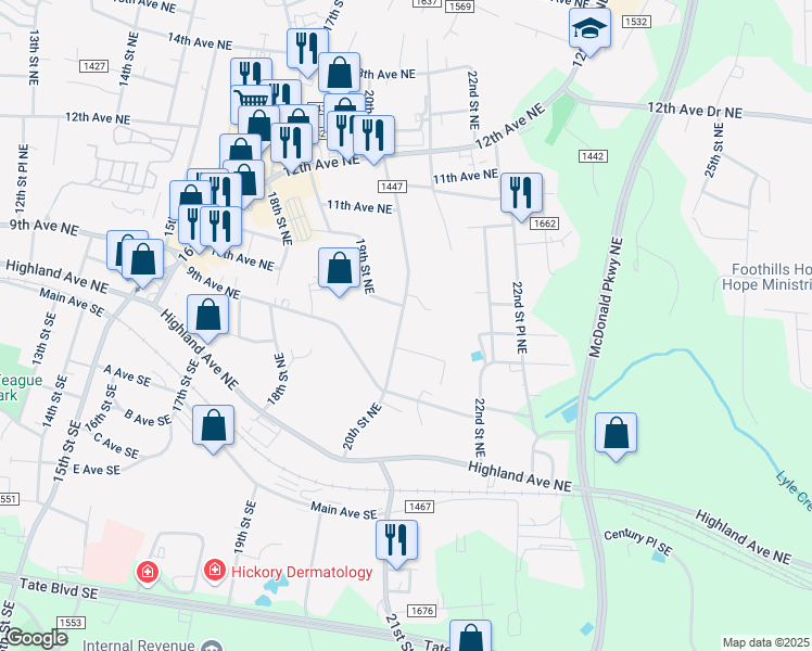 map of restaurants, bars, coffee shops, grocery stores, and more near 978 20th Street Northeast in Hickory