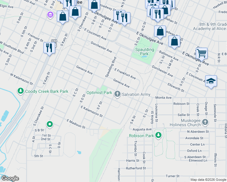 map of restaurants, bars, coffee shops, grocery stores, and more near 801 South G Street in Muskogee
