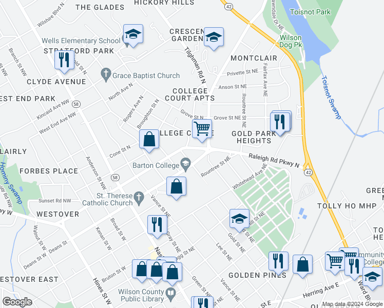 map of restaurants, bars, coffee shops, grocery stores, and more near 804 Woodard Street North in Wilson
