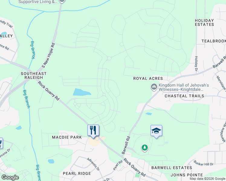 map of restaurants, bars, coffee shops, grocery stores, and more near 2426 Chert Lane in Raleigh