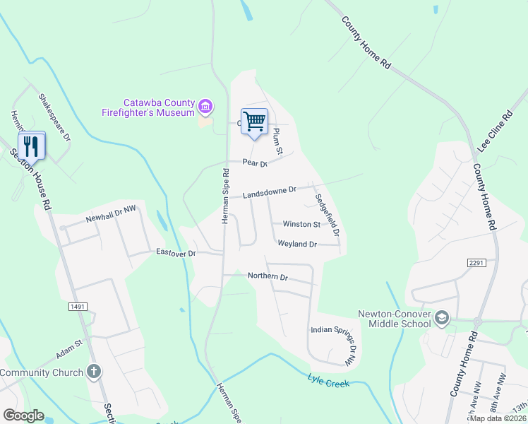map of restaurants, bars, coffee shops, grocery stores, and more near 3779 Weyland Drive in Conover