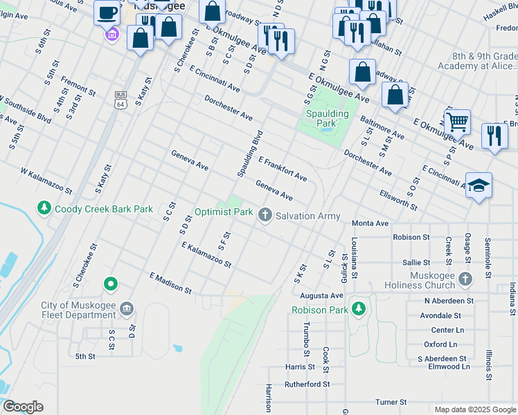 map of restaurants, bars, coffee shops, grocery stores, and more near 805 South G Street in Muskogee