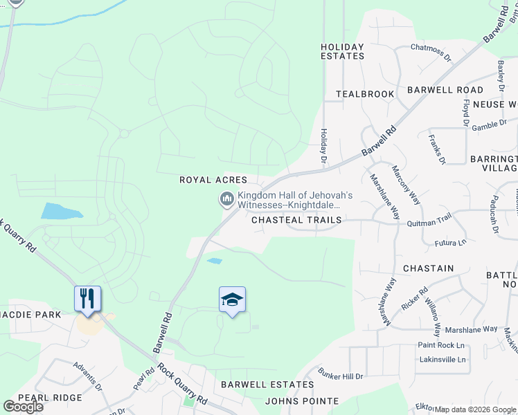 map of restaurants, bars, coffee shops, grocery stores, and more near 5125 Chasteal Trail in Raleigh