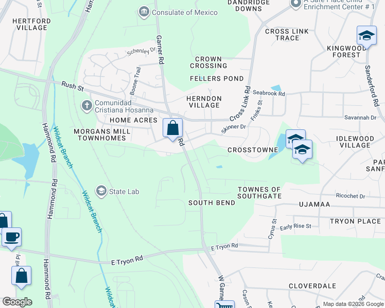 map of restaurants, bars, coffee shops, grocery stores, and more near 3115 Garner Road in Raleigh
