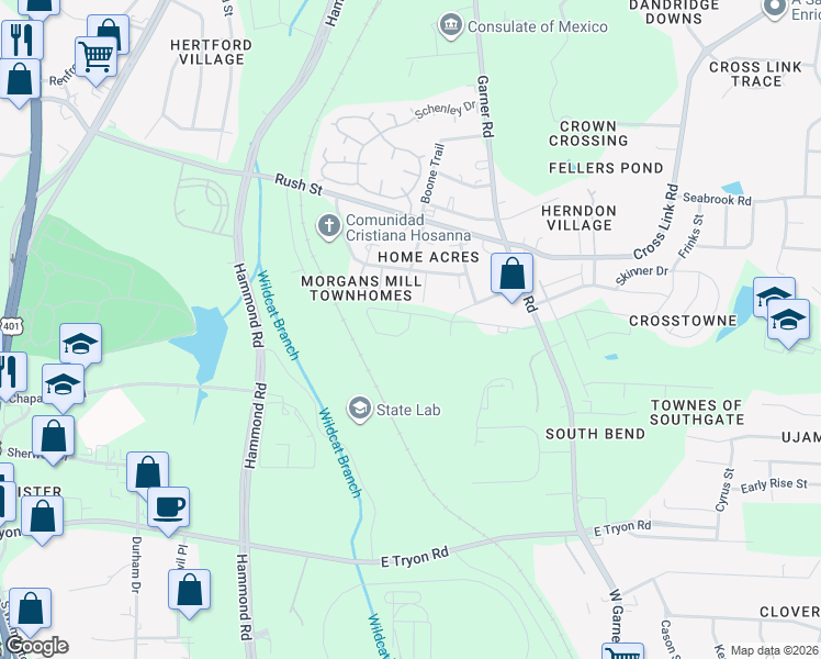 map of restaurants, bars, coffee shops, grocery stores, and more near 3124 Garner Road in Raleigh