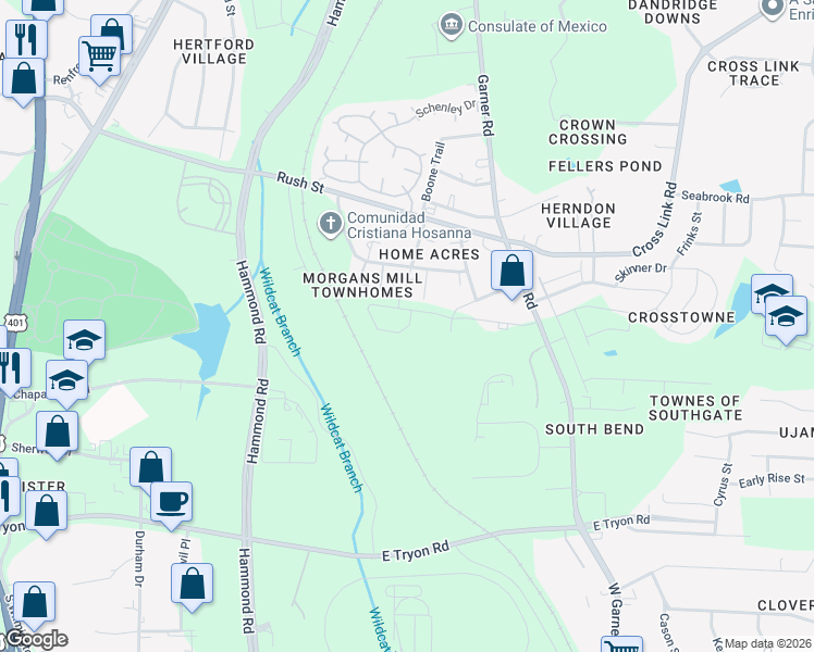 map of restaurants, bars, coffee shops, grocery stores, and more near 3124 Garner Road in Raleigh