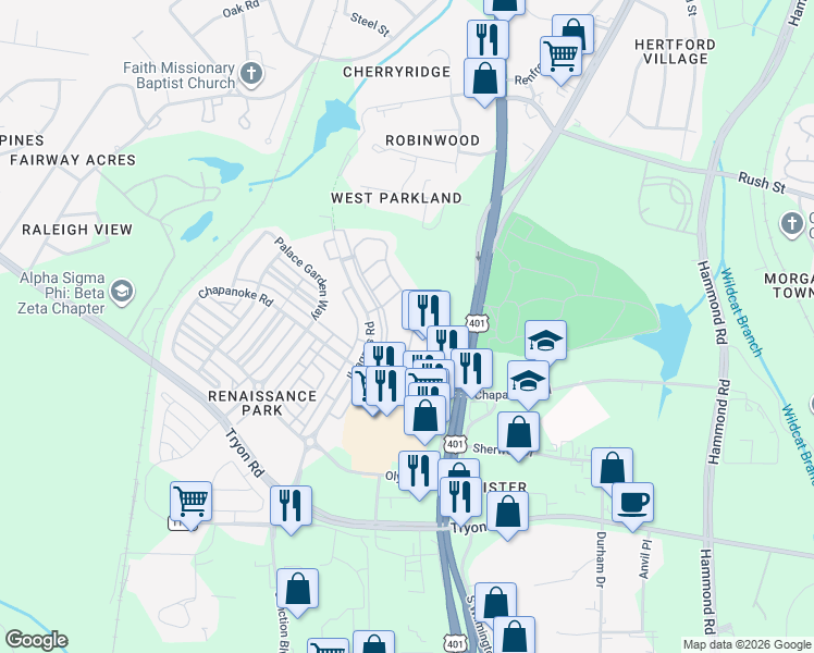 map of restaurants, bars, coffee shops, grocery stores, and more near 1120 Renewal Place in Raleigh