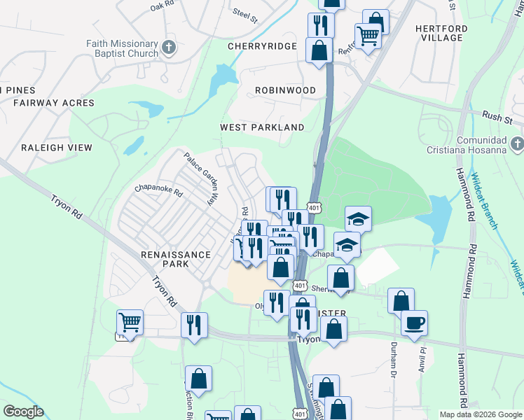 map of restaurants, bars, coffee shops, grocery stores, and more near 1120 Renewal Place in Raleigh