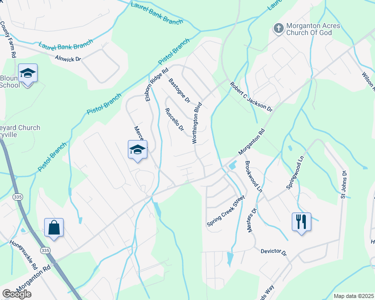 map of restaurants, bars, coffee shops, grocery stores, and more near 2425 Hallerins Court in Maryville
