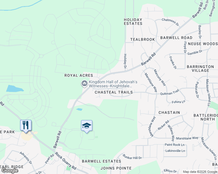 map of restaurants, bars, coffee shops, grocery stores, and more near 5145 Chasteal Trail in Raleigh