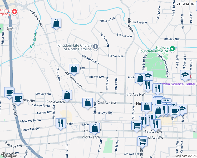 map of restaurants, bars, coffee shops, grocery stores, and more near 841 4th Avenue Northwest in Hickory