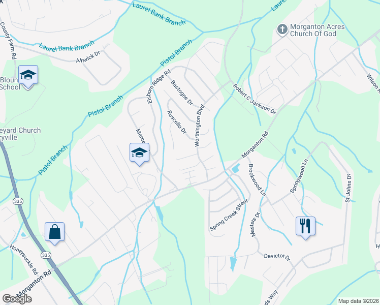map of restaurants, bars, coffee shops, grocery stores, and more near 2411 Hallerins Court in Maryville